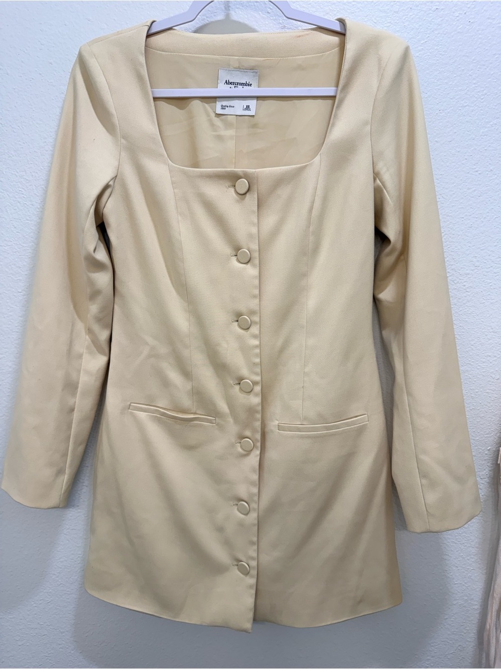Cream Yellow Button-Front Blazer Dress with Pseudo Pockets XS